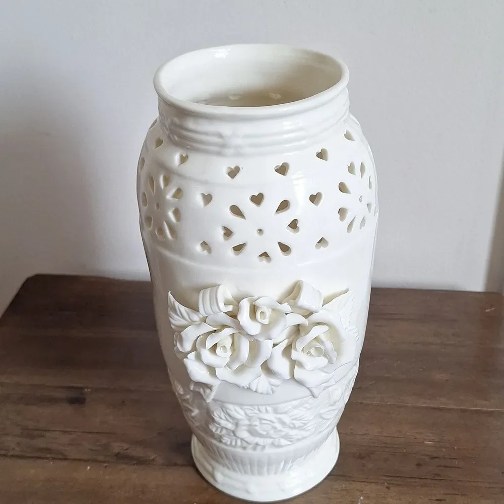 Vintage Capodimonte Style Cream Rose Vase Heart Cutout Victorian Cottagecore